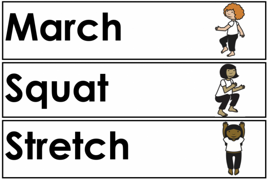 Flashcards - March, Squat, Stretch